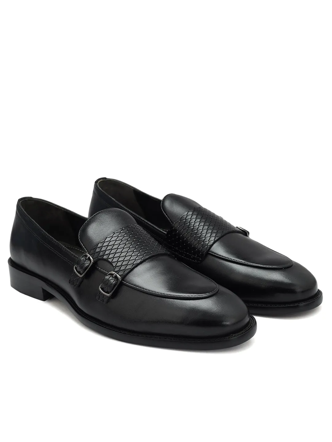 Black Textured Leather Monk Straps