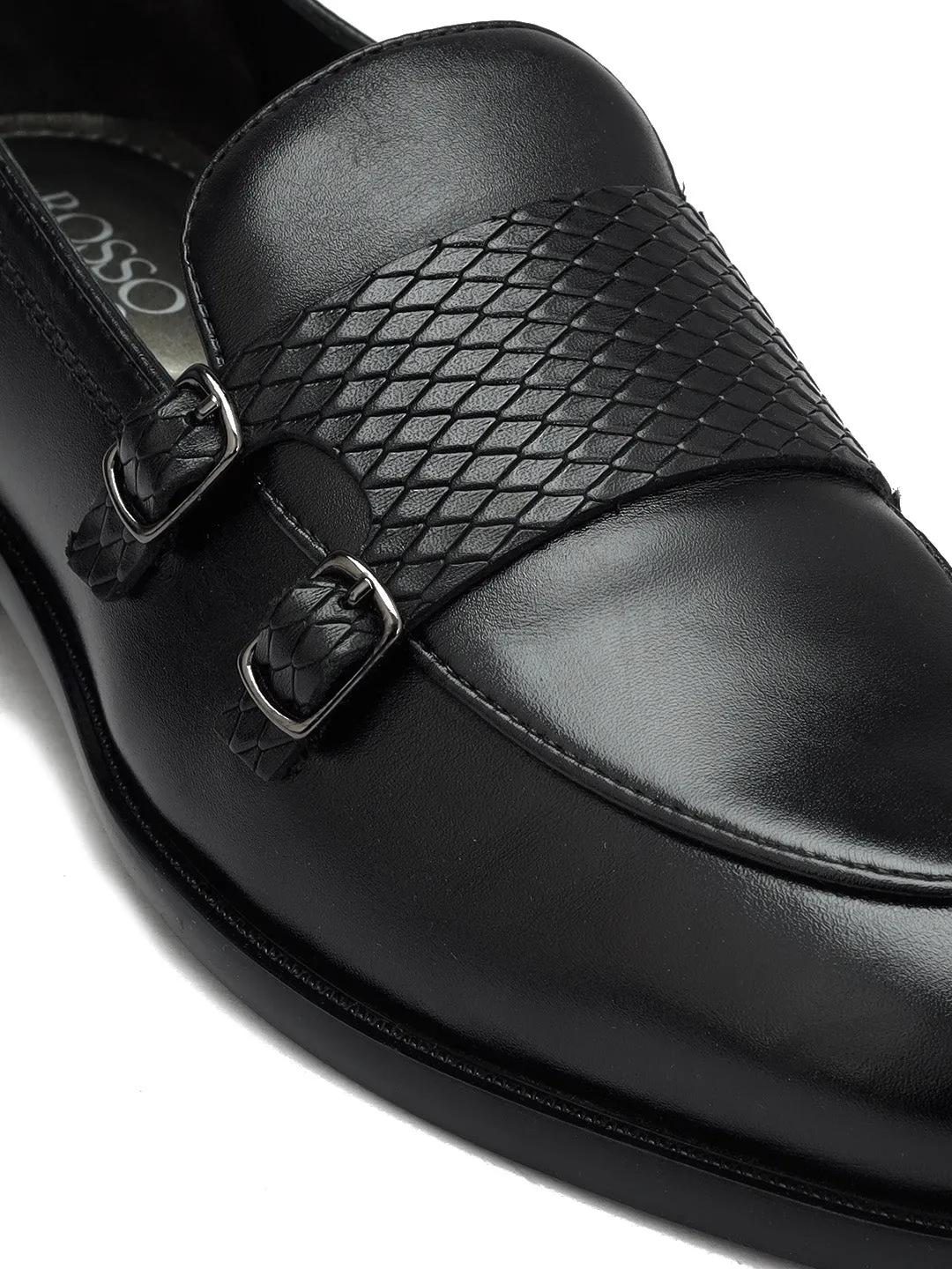 Black Textured Leather Monk Straps