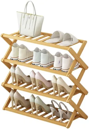Foldable 4-Tier Wooden Shoe Rack – Large-Capacity Bamboo Shoe Cabinet for Entryway, Bedroom, or Office (Brown, 70 x 25 x 66 cm)