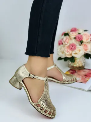 Gold Metallic T-Strap Low Heels