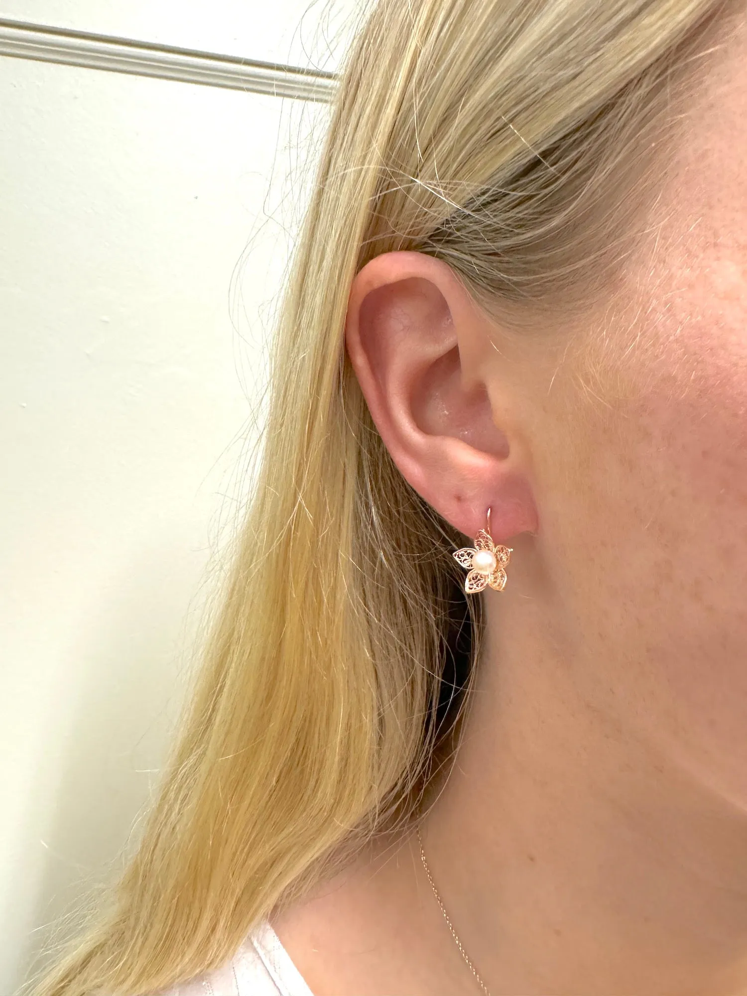 Italian Filigree Rose Gold Star Earrings With Pearl Centre