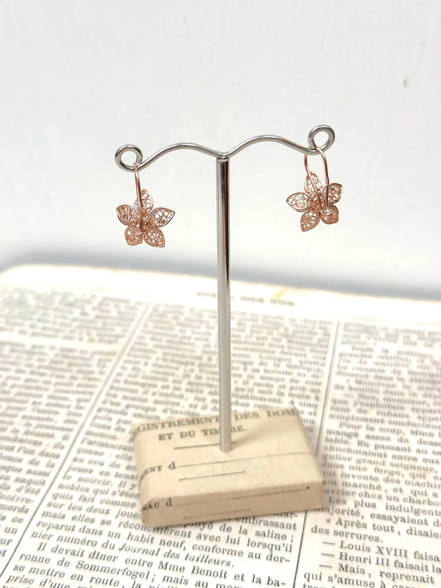 Italian Filigree Rose Gold Star Earrings With Pearl Centre