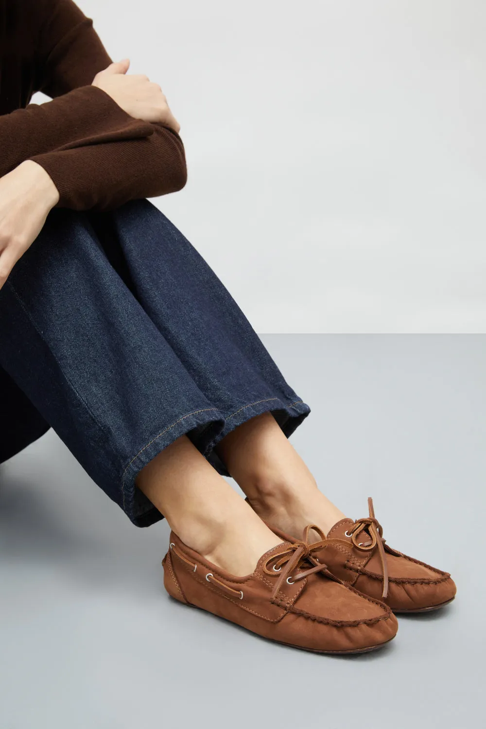 Ivy Boat Shoes in Caramel Nobuk