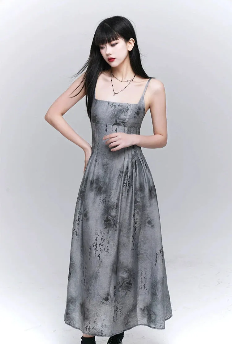 Sleeveless Abstract Print Midi Dress with Pockets