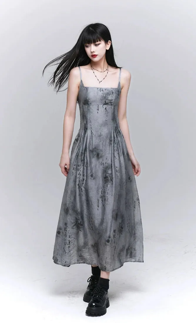 Sleeveless Abstract Print Midi Dress with Pockets