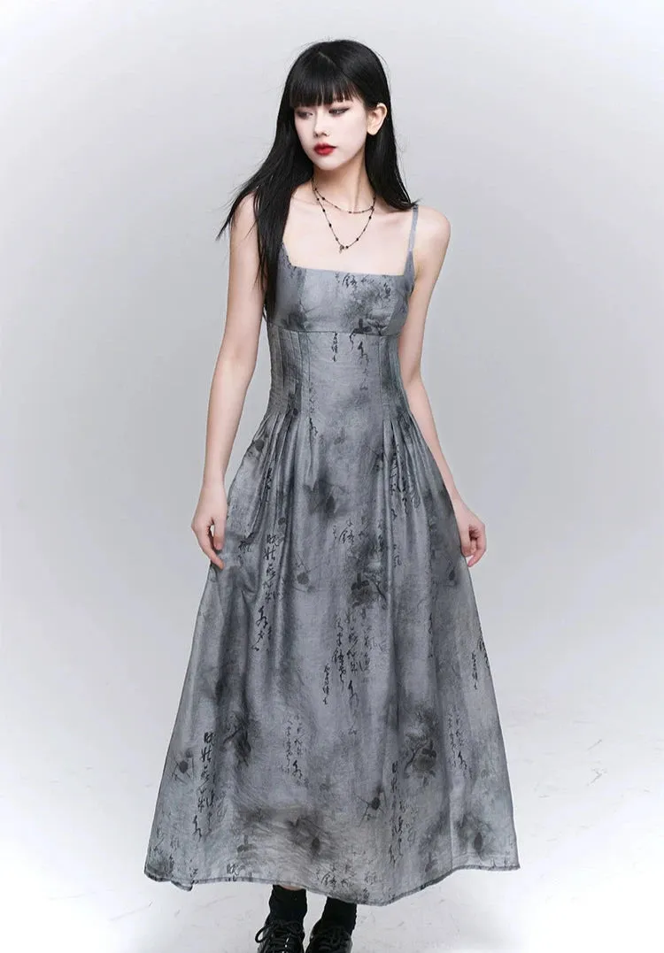 Sleeveless Abstract Print Midi Dress with Pockets