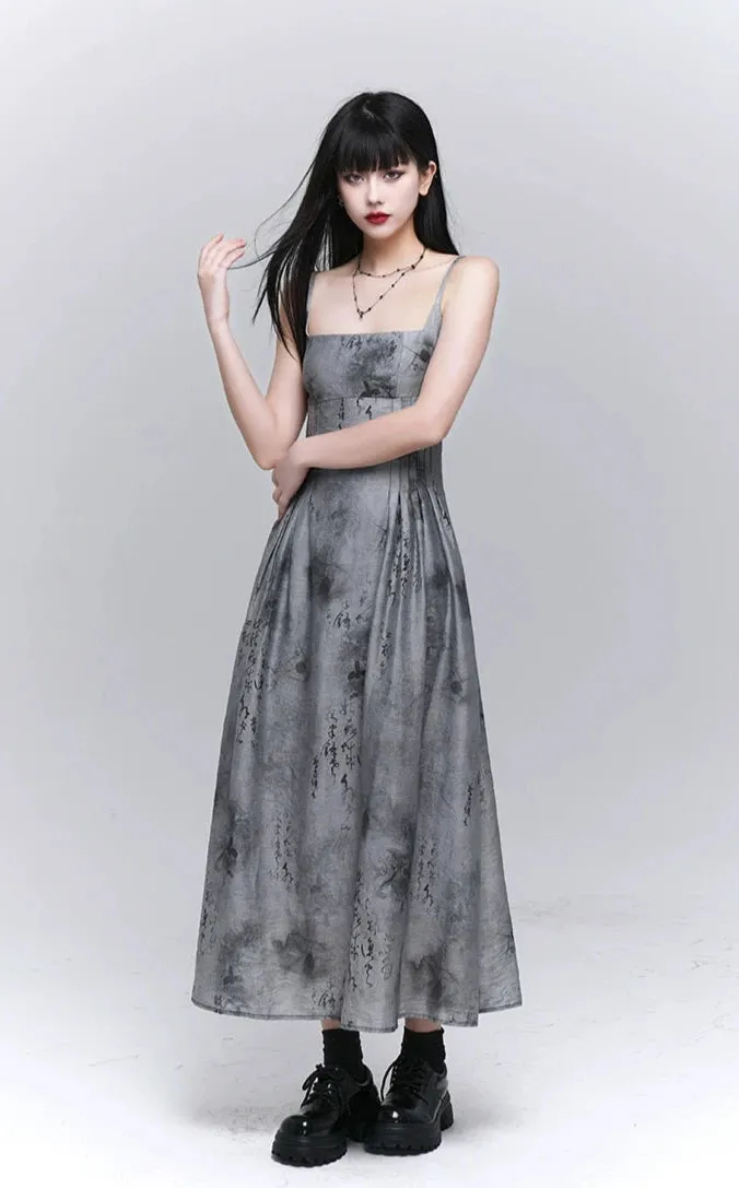 Sleeveless Abstract Print Midi Dress with Pockets