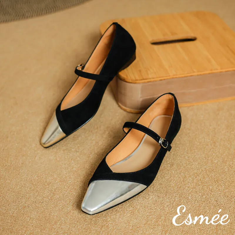 Suede Maryjanes with Wedge Heels and Metallic Toe Cap