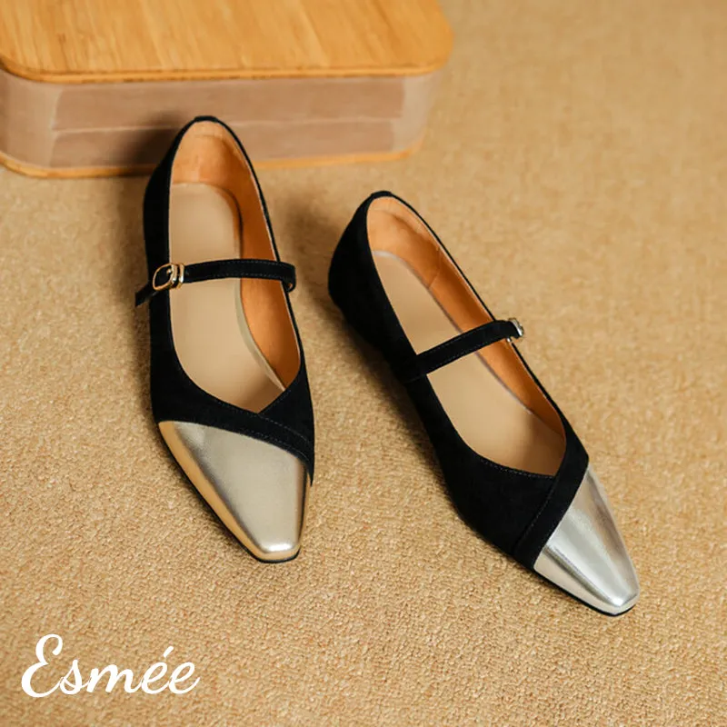 Suede Maryjanes with Wedge Heels and Metallic Toe Cap