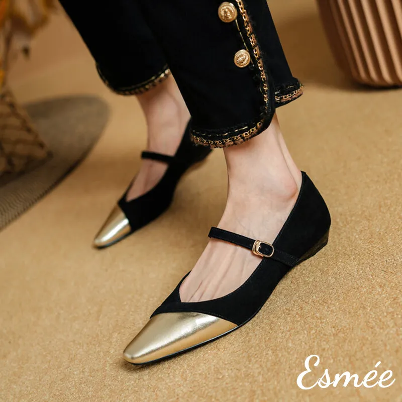 Suede Maryjanes with Wedge Heels and Metallic Toe Cap