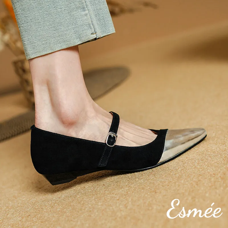 Suede Maryjanes with Wedge Heels and Metallic Toe Cap