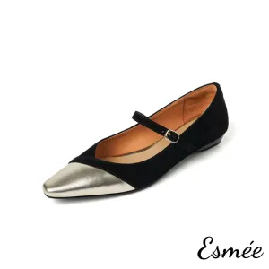 Suede Maryjanes with Wedge Heels and Metallic Toe Cap