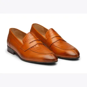 Tan Apron Toe Loafers With Croco Detail
