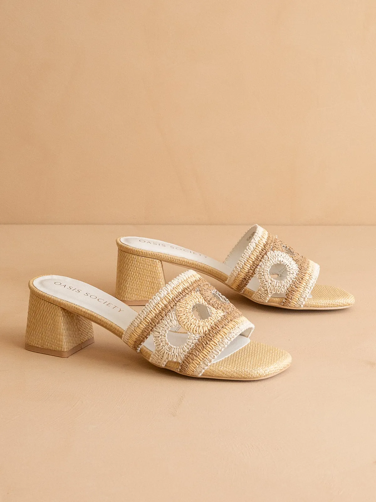 The Gia | Beige Raffia Mule With Woven Embroidered Strap