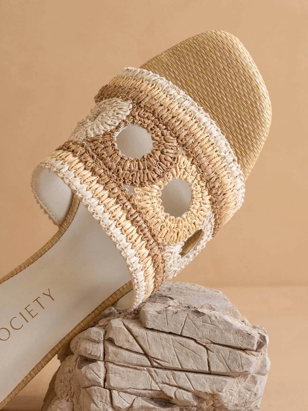 The Gia | Beige Raffia Mule With Woven Embroidered Strap
