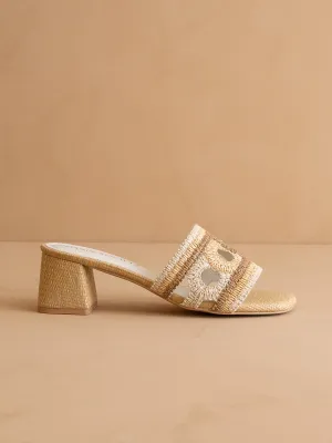 The Gia | Beige Raffia Mule With Woven Embroidered Strap