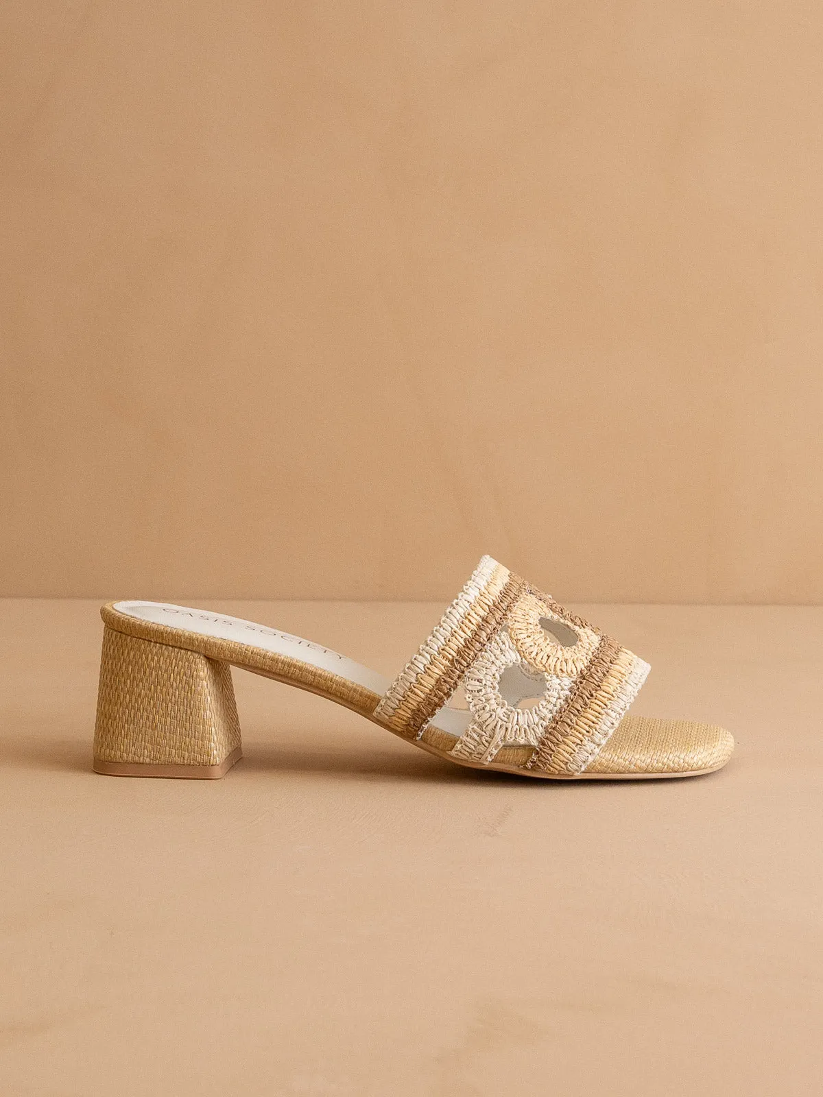 The Gia | Beige Raffia Mule With Woven Embroidered Strap