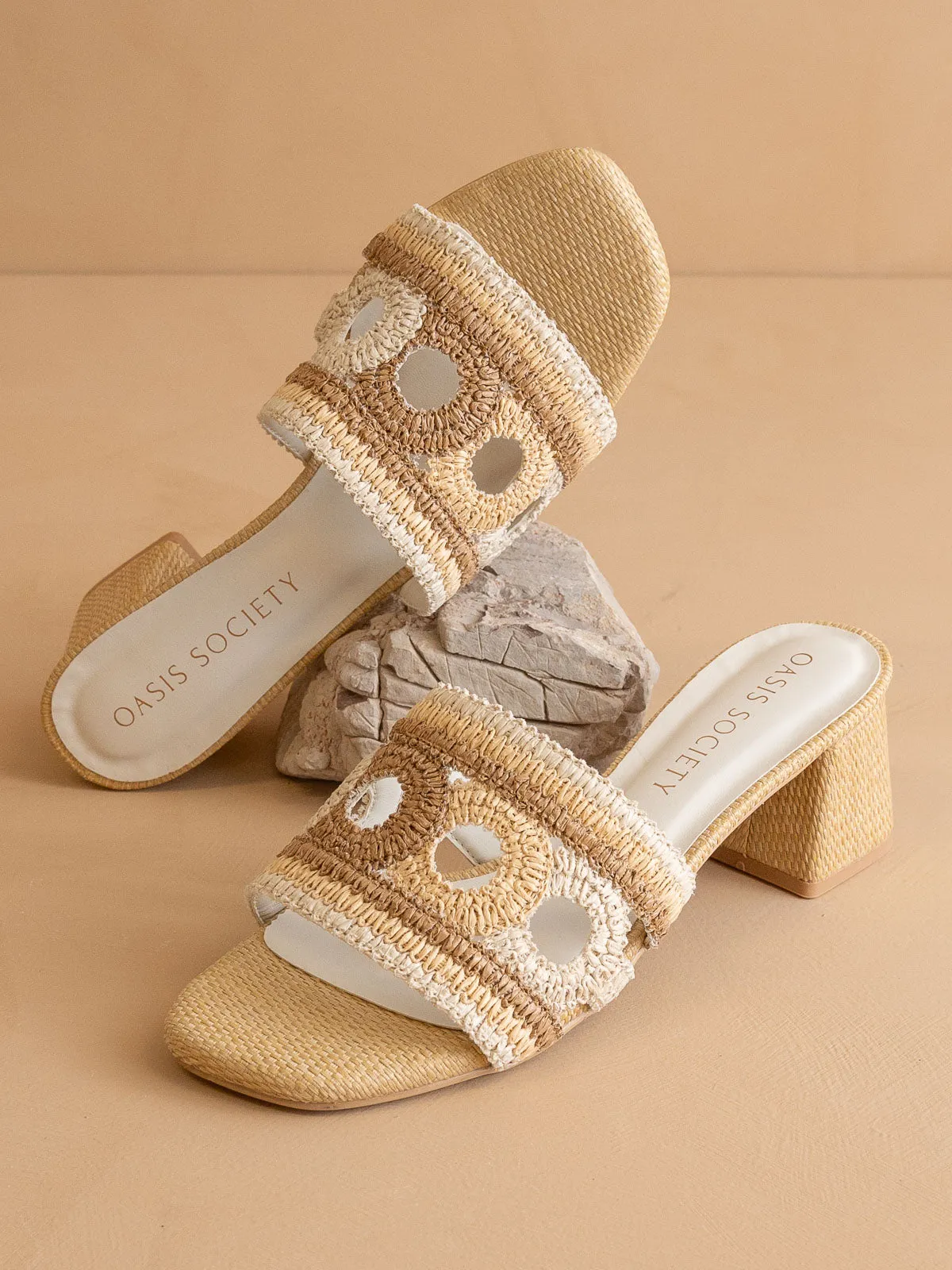 The Gia | Beige Raffia Mule With Woven Embroidered Strap