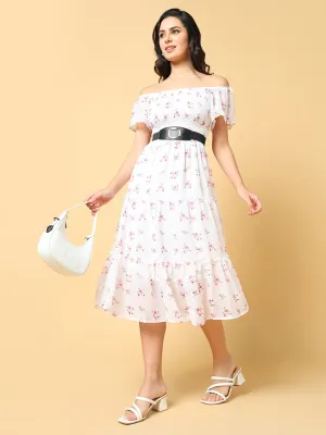 Women Printed White Fit and Flare Dress with Belt