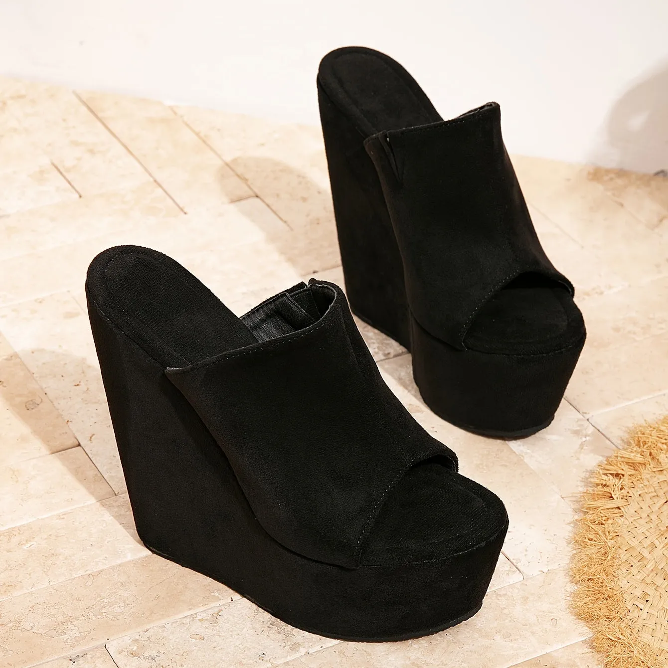 Women's Black Flannel Wedge Sandals, Sexy Strappy Bowknot Platform Heels, Open Toe Slip-On High Heels with Rubber Sole and Flannel Insole for Night Out, Versatile Wedding Season Footwear, Versatile Wedge Shoes | Chic Open Toe