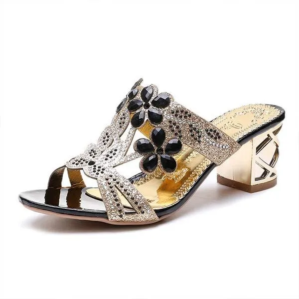 Women's Chunky Heel Rhinestone Hollow Out High Heel Sandals 54313186C