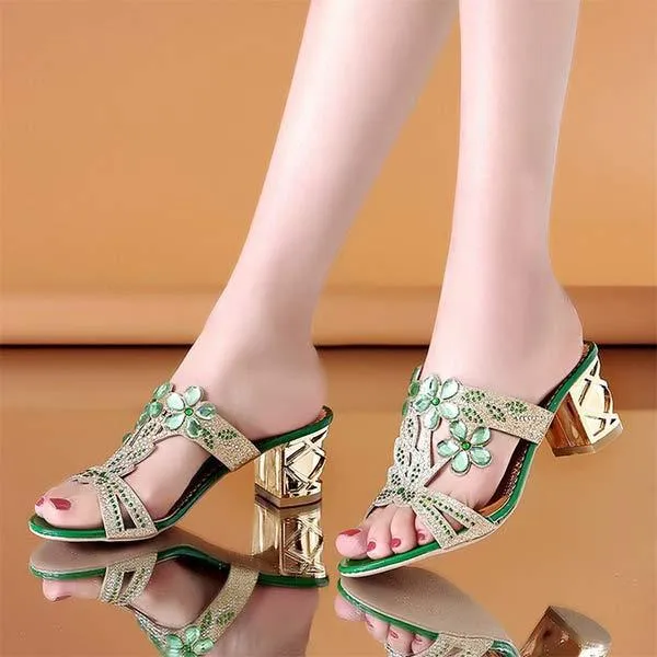 Women's Chunky Heel Rhinestone Hollow Out High Heel Sandals 54313186C