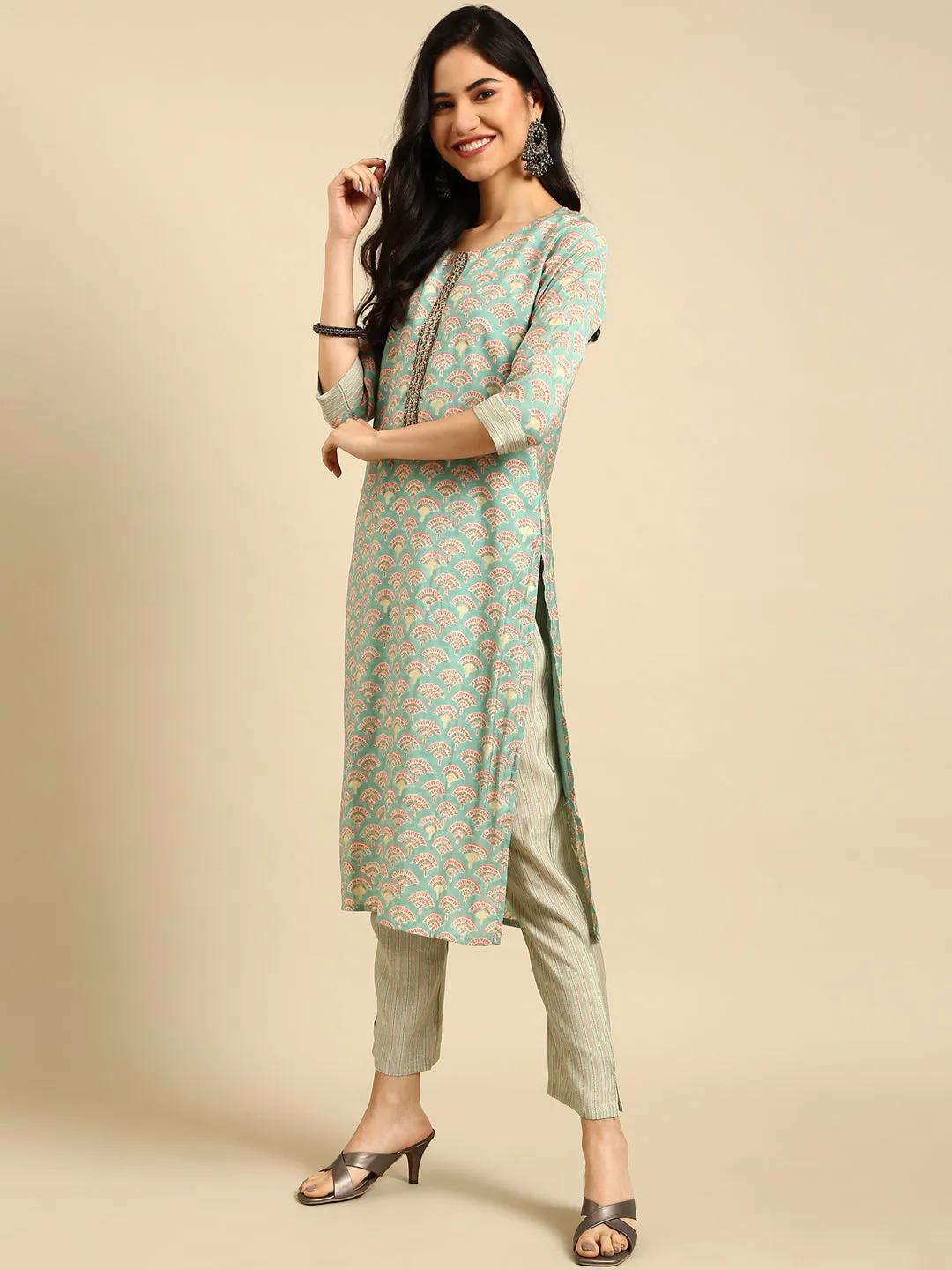 Women's Sea Green Printed  Kurta Set